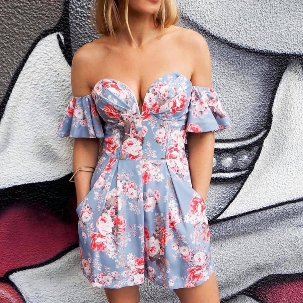 SHEIKE Blue Floral Off the shoulder Romper
